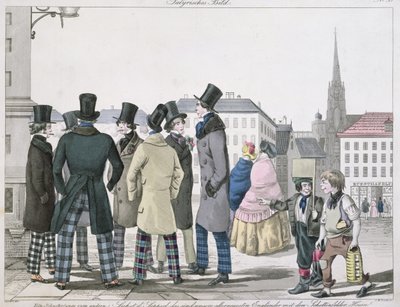 Elegant Men Wearing Scottish Trousers on the Streets of Vienna, Engraved by J. W. Linke by Lempis